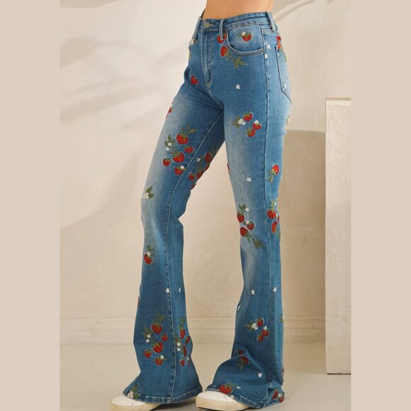 O&H Strawberry Embroidered High Waisted Denim Flare Jeans - Picture 1 of 11